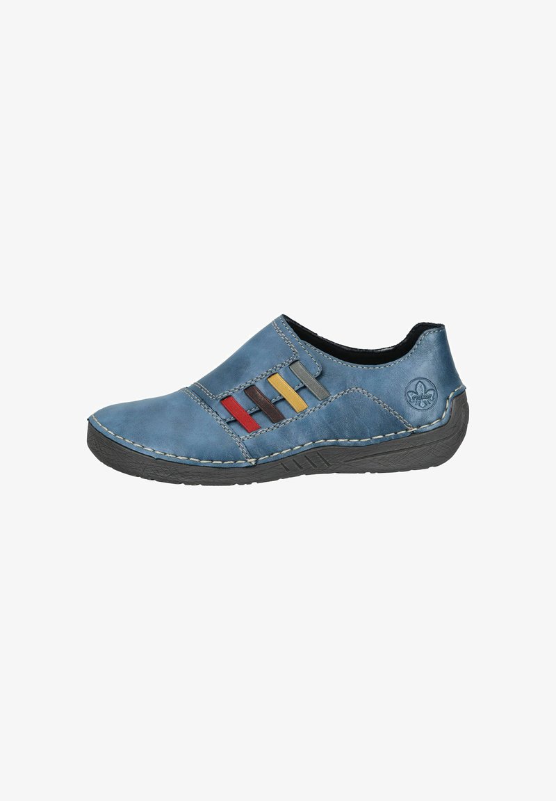 Chaussure à enfiler en cuir bleu avec un bout arrondi, semelle texturée grise et plusieurs accents de couleurs (rouge, jaune, gris) sur le côté.