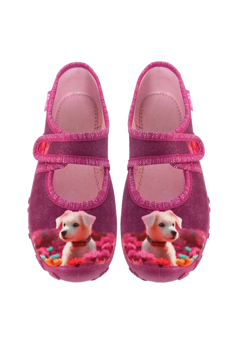 Kinderrosa Mary Jane Schuhe mit Klettverschluss, verziert mit einem Welpen und bunten Blumen im Zehenbereich.