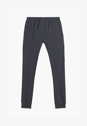 Szare legginsy termiczne wykonane z miękkiego materiału, z elastycznym paskiem w talii, ściąganymi nogawkami oraz detalem kieszeni z przodu. Prosty, dopasowany krój.