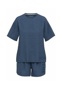 Navyblaues Baumwoll-Loungewear-Set mit einem lässigen T-Shirt mit kurzen Ärmeln und passenden Shorts, versehen mit dem Schriftzug "TOM TAILOR" in einem kontrastierenden Druck.