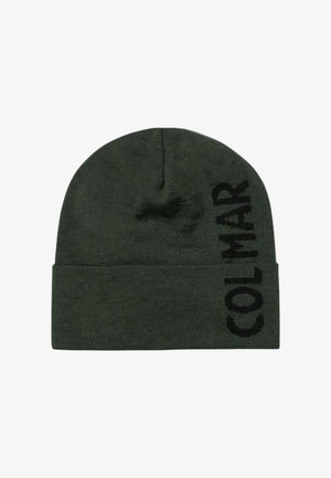 Berretto verde lavorato a maglia con superficie testurizzata. Presenta un bordo pieghevole e il marchio nero "COLMAR" sul lato.