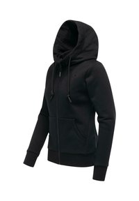 Felpa nera con zip realizzata in tessuto morbido, dotata di un ampio cappuccio, lacci, tasche frontali e polsini e orlo a costine.