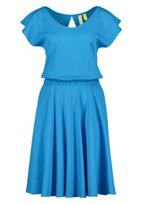 Vestido azul con mangas cortas acampanadas, un escote redondo y una cinturilla elástica. La falda es acampanada con una textura suave y mate.