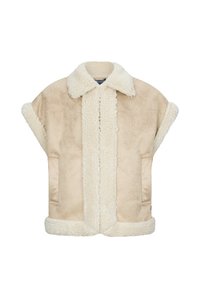Gilet in shearling beige con un morbido interno peloso e colletto. Presenta maniche larghe, un design dritto e dettagli di cucitura discreti.
