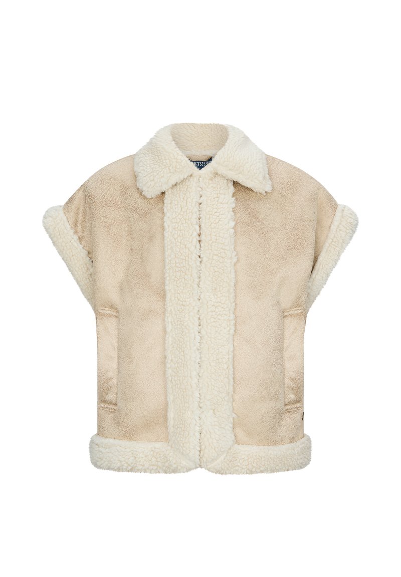 Gilet in shearling beige con un morbido interno peloso e colletto. Presenta maniche larghe, un design dritto e dettagli di cucitura discreti.