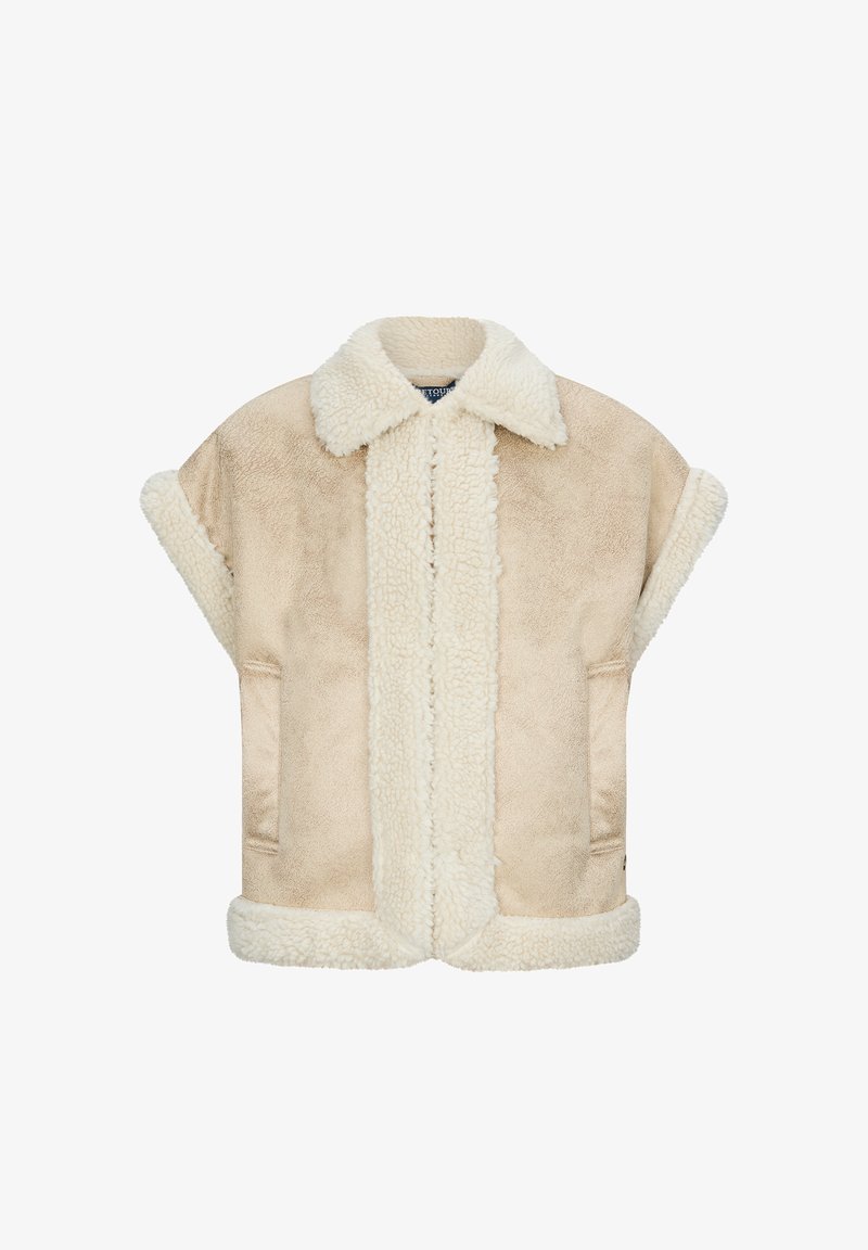 Gilet in shearling beige con un morbido interno peloso e colletto. Presenta maniche larghe, un design dritto e dettagli di cucitura discreti.