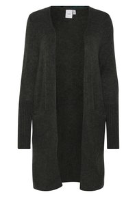 Mörkgrön cardigan i mjukt material, med ribbade ärmar, öppen front och två sidofickor. Lång, avslappnad passform.