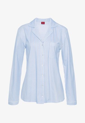 Blue and white striped long-sleeve shirt with a collar, front buttons, and a chest pocket. Made from a lightweight fabric.