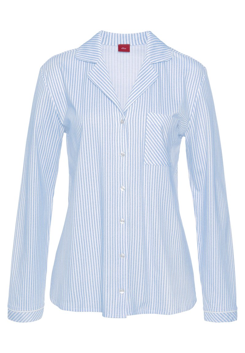 Blauwe en witte gestreepte lange mouwen shirt met een kraag, knopen aan de voorkant en een borstzak. Gemaakt van een lichtgewicht stof.