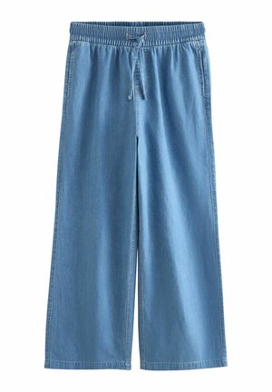 Hellblaue Jeanshose mit weitem Bein, elastischem Bund und Kordelzug, ausgestattet mit Seitentaschen und sichtbaren Nähten.