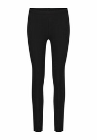 Czarne legginsy wykonane z elastycznego materiału, charakteryzujące się gładką fakturą, dopasowanym krojem i elastycznym pasem bez widocznych szwów lub ozdób.