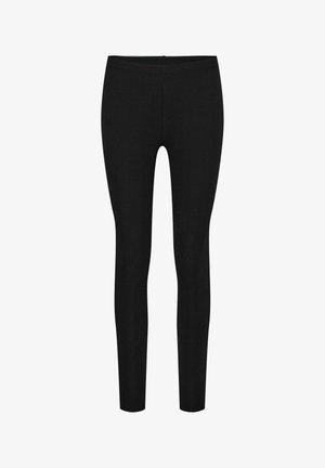Black leggings made of stretchy fabric, featuring a smooth texture, fitted design, and an elastic waistband without visible seams or embellishments.