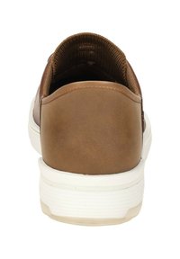 Braune Leder-Sneaker mit glatter Oberfläche, weißer Gummisohle und einem strukturierten braunen Fersenakzent. Einfaches und minimalistisches Design.