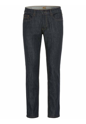 Dunkelblaue Slim-Fit-Jeans mit fünf Taschen, kontrastierenden orangen Nähten und einem Knopfverschluss am Bund. Glatte Denim-Oberfläche.