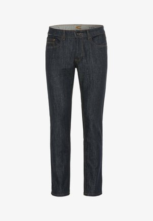 Dunkelblaue Slim-Fit-Jeans mit fünf Taschen, kontrastierenden orangen Nähten und einem Knopfverschluss am Bund. Glatte Denim-Oberfläche.