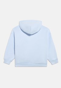 Light blue hooded sweatshirt with long sleeves and ribbed cuffs and hem, shown from the back on a white background.