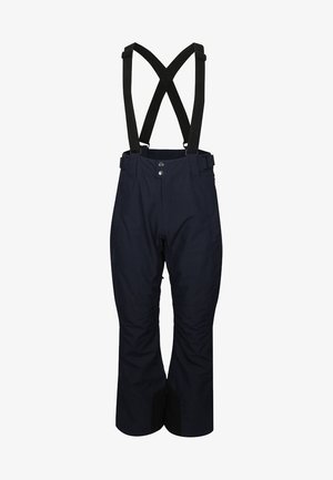 Marineblauwe sneeuwbroeken met verstelbare zwarte bretels, twee knopen aan de voorkant en een wijduitlopende pasvorm. Gemaakt van duurzame, weerbestendige stof.
