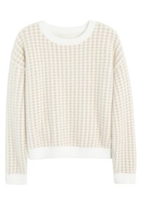 Strickpullover mit einem Hahnentrittmuster in Creme und Beige, Rundhalsausschnitt und gerippten Bündchen sowie Saum für einen engen Sitz.