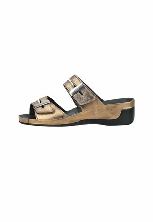 Sandalo donna con punta aperta in bronzo metallizzato con due cinturini regolabili e tacco a zeppa basso nero.