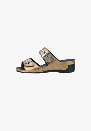 Sandalo donna con punta aperta in bronzo metallizzato con due cinturini regolabili e tacco a zeppa basso nero.