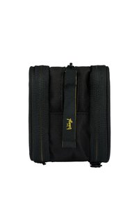 Black fabric bag with yellow accents, featuring a top carry handle, two side straps, and zippered closure. Compact and rectangular shape.