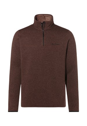 Brauner Fleece-Pullover mit einem halben Reißverschluss-Kragen, strukturiertem Stoff, langen Ärmeln und einem kleinen schwarzen Logo auf der Brust.