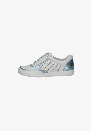 White sneaker with blue metallic accents, perforated side panels, round toe, and flat white sole. Features classic lace-up front.