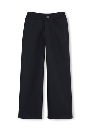 Pantalon noir à jambes larges avec taille élastique, fermeture par bouton et poches latérales, présenté sur fond blanc.