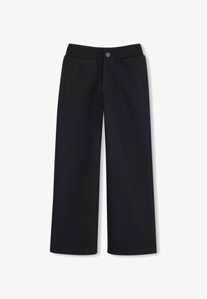 Pantalon noir à jambes larges avec taille élastique, fermeture par bouton et poches latérales, présenté sur fond blanc.