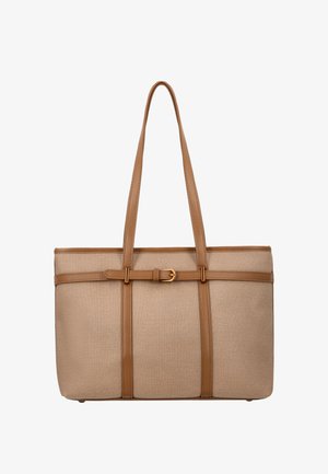 Geantă tip tote dreptunghiulară bej, cu bretele lungi și margini din piele maro, având un mic detaliu cu cataramă centrală în față.