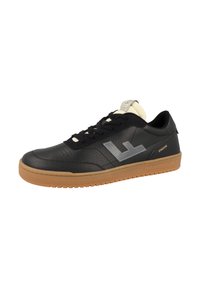 Black leather sneakers with a textured finish, featuring a gray logo, cream accents, and a gum sole. Laced design for secure fit.