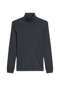 Tmavomodrý rolák vyrobený z mäkkého, elastického materiálu; má dlhé rukávy, priliehavý golier a rovný spodný okraj.