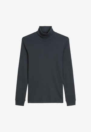 Mörk marinblå turtlenecktröja i mjukt och stretchigt material; har långa ärmar, en åtsittande krage och en rak fåll.