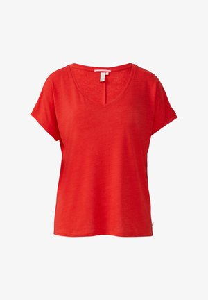 Red short-sleeve V-neck T-shirt made of lightweight fabric with a relaxed fit and subtle texture. Features a tag at the back neckline.