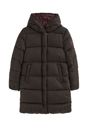 Doudoune marron foncé avec capuche, dotée d'une fermeture éclair à l'avant, de poches latérales et de coutures horizontales pour l'isolation. Doublure intérieure.