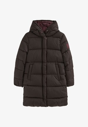 Doudoune marron foncé avec capuche, dotée d'une fermeture éclair à l'avant, de poches latérales et de coutures horizontales pour l'isolation. Doublure intérieure.