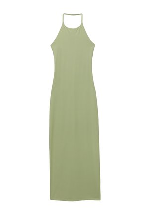 Abito lungo senza maniche in morbido tessuto verde chiaro. Design con collo all'americana, silhouette dritta e senza motivi visibili o dettagli aggiuntivi.
