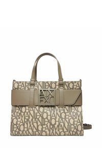 Borsa beige e taupe con la scritta ripetuta "ARMANI EXCHANGE", manici taupe, ampia tracolla con grande placca metallica al centro.