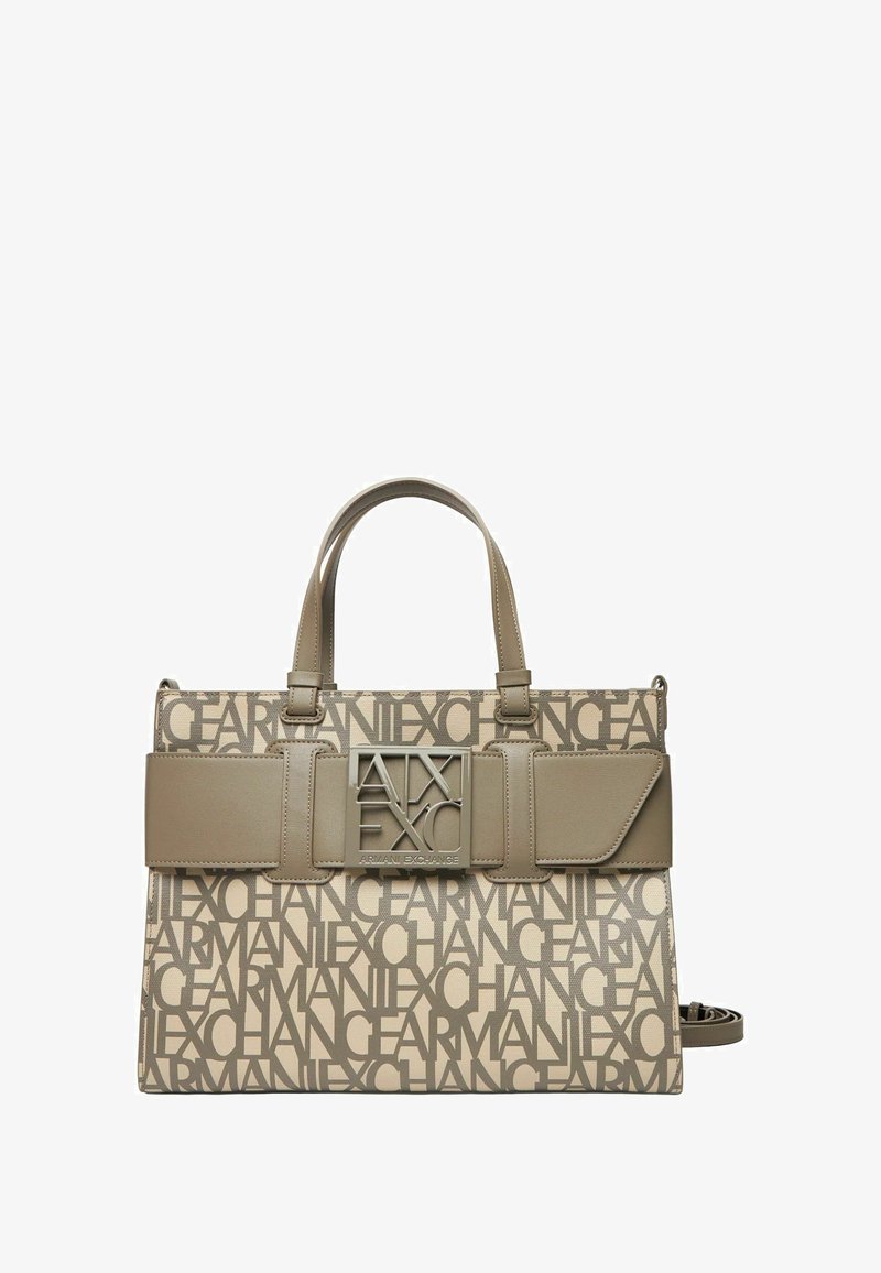 Beżowa i taupe torebka z powtarzającym się napisem "ARMANI EXCHANGE", taupe uchwyty, szeroki pasek z dużą metalową plakietką logo na środku z przodu.