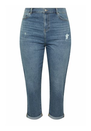 Jeans di jeans blu corti con tasche frontali, piccoli dettagli consumati, orli arrotolati e chiusura con bottone.