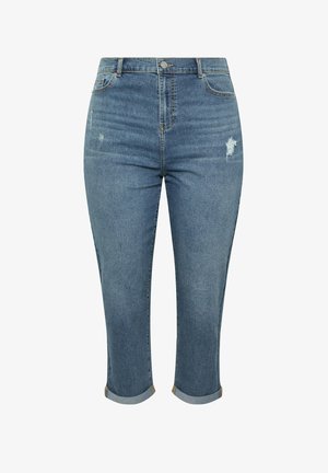 Blaue, verkürzte Jeans aus Denim mit Fronttaschen, kleinen Used-Details, umgeschlagenen Säumen und Knopfverschluss.