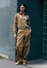 Beiger Velours-Jogginganzug mit Reißverschlussjacke und elastischem Bundhose, mit seitlichen Streifen und glatter Textur. Goldene Sneakers runden den Look ab.