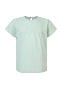 Blusa verde menta chiaro con maniche corte, texture a occhiello, parte anteriore plissettata e chiusura a bottoni sul retro del collo.