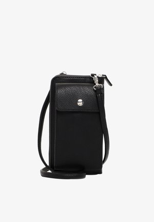 Sac bandoulière en cuir noir avec une finition texturée, fermeture zippée, poche avant à bouton pression et sangle réglable.