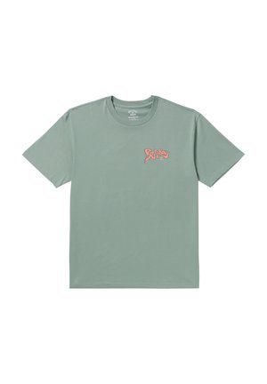 T-shirt à manches courtes, vert clair, en coton. Présente un logo graphique rose sur la partie gauche de la poitrine. Design col rond avec une coupe décontractée.