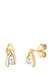Guld stud øreringe med et buet design og en klar ædelsten ved bunden. Materialet er mærket med 585; skinnende finish med en glat tekstur.