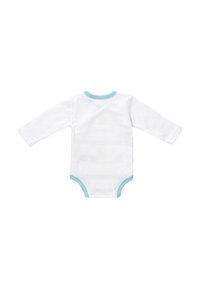 Vit långärmad bodysuit med en mjuk textur. Har en ljusblå kant runt halsen och benöppningarna. Bakvy visas.