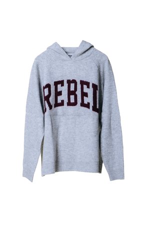 Felpa grigia realizzata in tessuto morbido, con una grande stampa bordeaux "REBEL" al centro del petto, dotata di tasca a marsupio e orlo a costine.