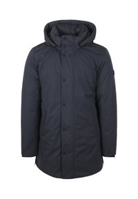 Marineblauwe geïsoleerde parka met een capuchon, voorzien van een ritssluiting, drukknoopsluiting en zijzakken. Glad textuur en een iets verlengde vorm.