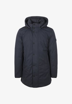 Marineblauwe geïsoleerde parka met een capuchon, voorzien van een ritssluiting, drukknoopsluiting en zijzakken. Glad textuur en een iets verlengde vorm.